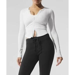 ALO YOGA Stardust White Ribbed Full Zip Long Sleeve Jacket Top Small